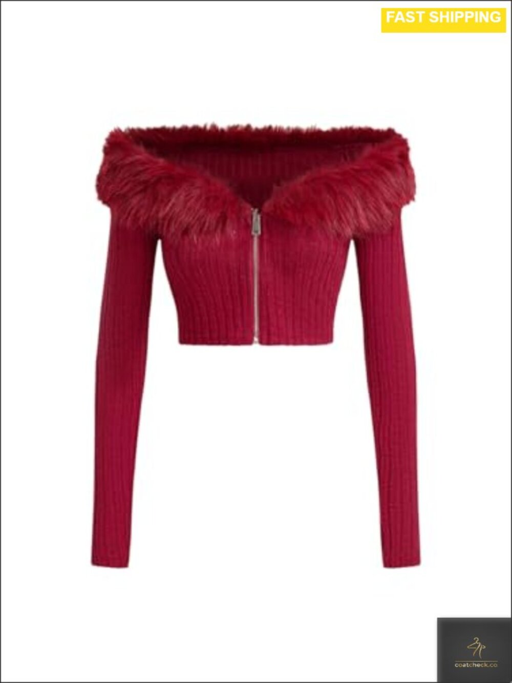 Faux Fur Off Shoulder Crop Coat Long Sleeve Zip Front